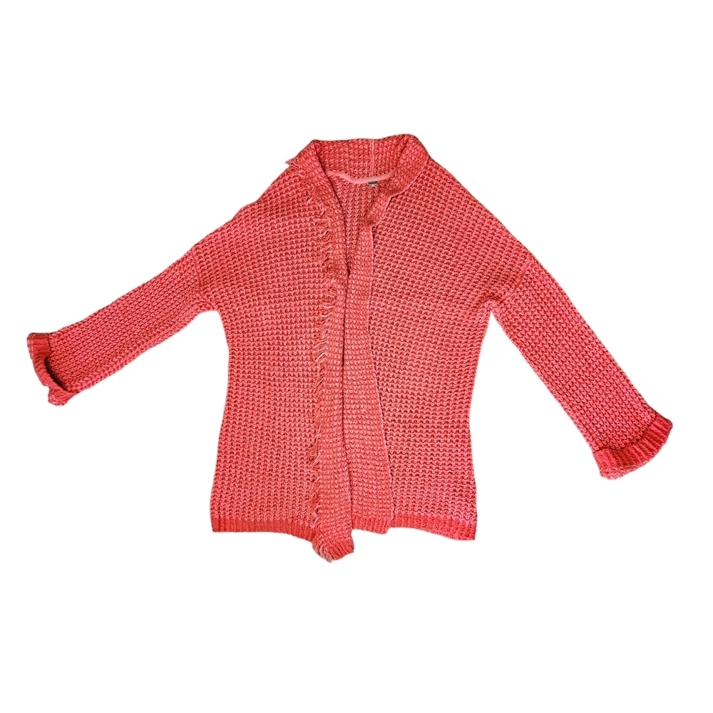 Free People "I'll Be Around" Coral Woven Silk Blend Fringe Open Cardigan - Picture 9 of 13
